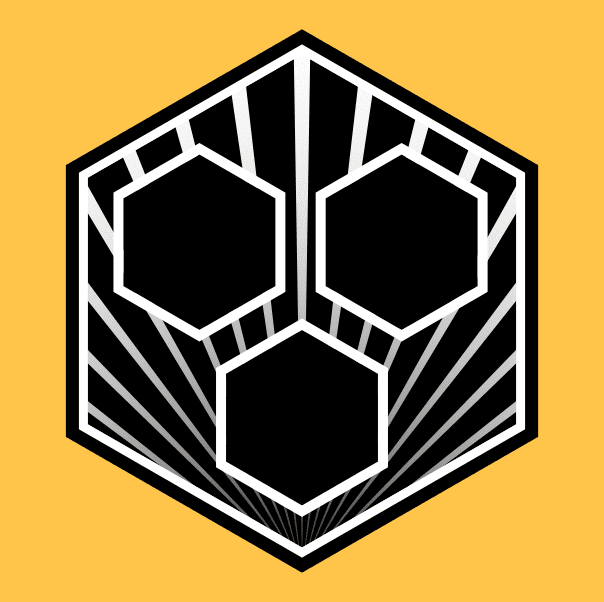 CBR logo, three hexahons within a larger hexagon with an artdeco floruish